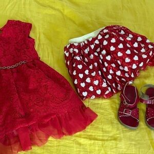 Red Lace Dress, Red Heart Skirt, Minnie Mouse Sweater & Red Leather sandals
